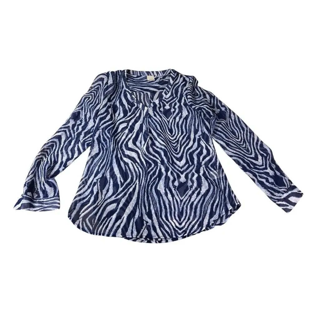 ecru Blue Animal Print Blouse Sz M Loose V-Neck Long Sleeve Top Semi Sheer
